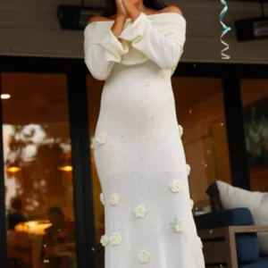 Off Shoulder Knitted Maxi Dress Elegant Floral Beach Party Gown