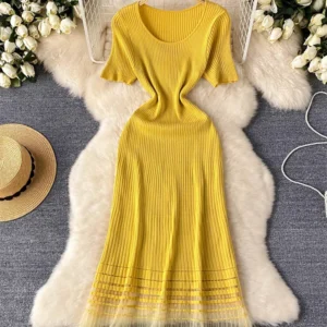 Elegant Stripe Knit Long Dress For Women Summer 2025 Casual Wear