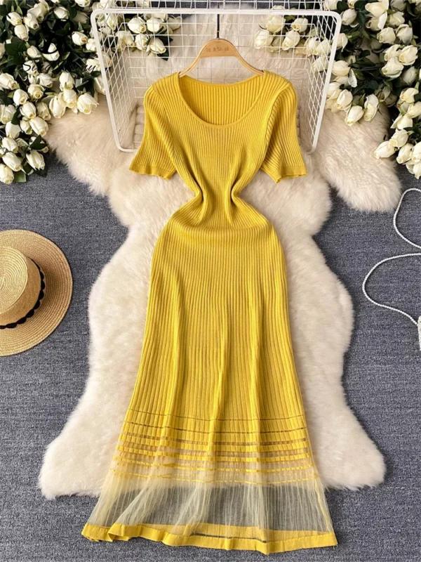 Elegant Stripe Knit Long Dress For Women Summer 2025 Casual Wear