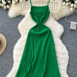 Summer Knit Spaghetti Strap Dress Sleeveless Slim Casual A-Line Outfit