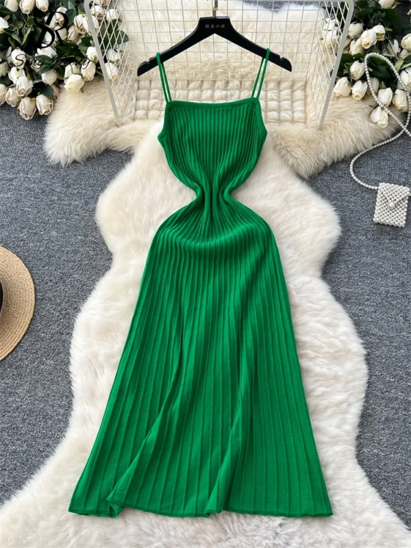 Summer Knit Spaghetti Strap Dress Sleeveless Slim Casual A-Line Outfit