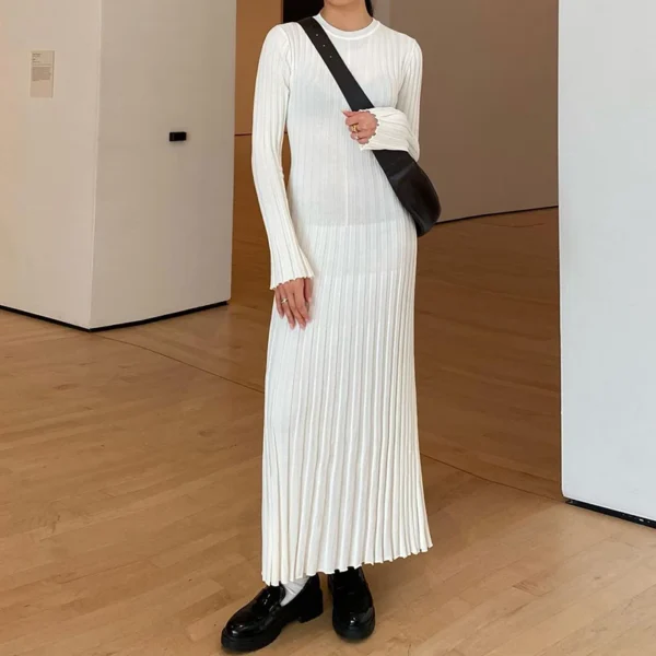 Vintage Ribbed Knit Tie Waist Maxi Dress For Elegant Women - Image 10