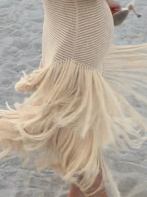 Elegant Knit Tassels Halter Sleeveless Hollow Out Beach Dress Fashion Wear - Image 10