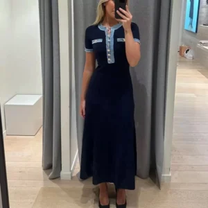 Elegant Knitted Denim Maxi Dress Spring Summer Office Party Wear