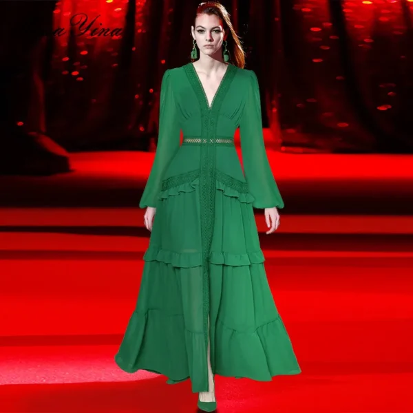 MoaaYina Autumn Green Maxi Dress With V-Collar Lantern Sleeves - Image 4