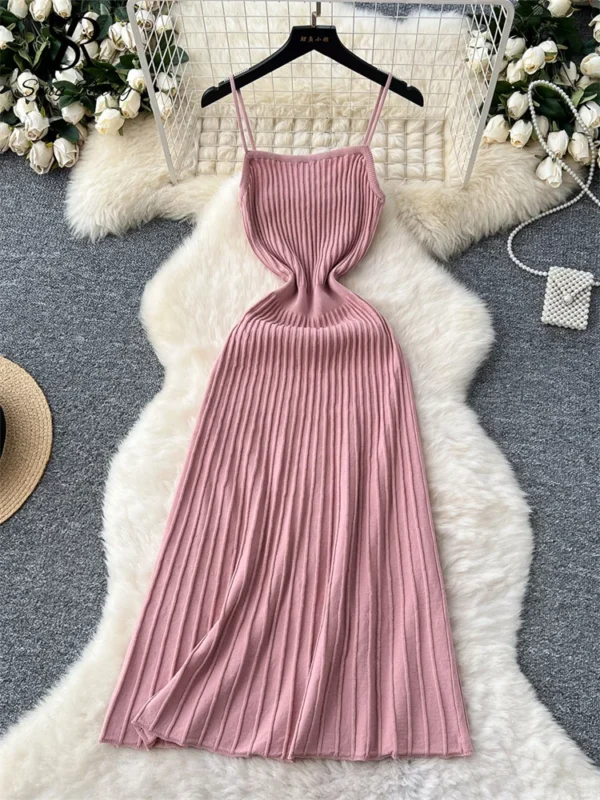 Summer Knit Spaghetti Strap Dress Sleeveless Slim Casual A-Line Outfit - Image 5