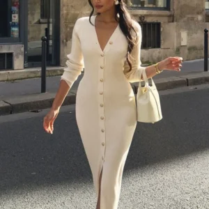 Elegant Knit Maxi Dress V Neck Long Sleeve Winter Sweater Dress