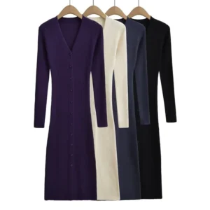 Knit Maxi Dresses Elegant V Neck Button Detail Long Sleeve Dress