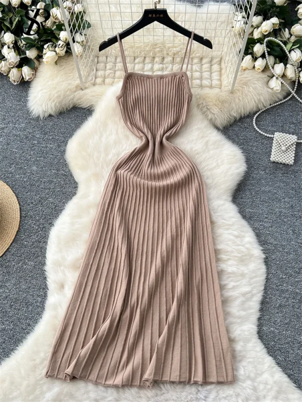 Summer Knit Spaghetti Strap Dress Sleeveless Slim Casual A-Line Outfit - Image 8