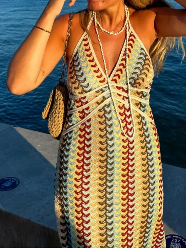 Sexy Colorful Printed Crochet Maxi Dress Sleeveless Vacation Beach Wear - Image 4