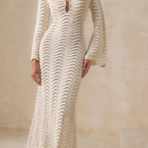 Knit Maxi Dresses Sexy Backless Crochet Long Sleeve Beach Dress