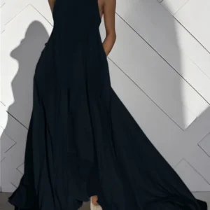 Urban Solid Color Sleeveless Maxi Dress With Pockets For Summer Party