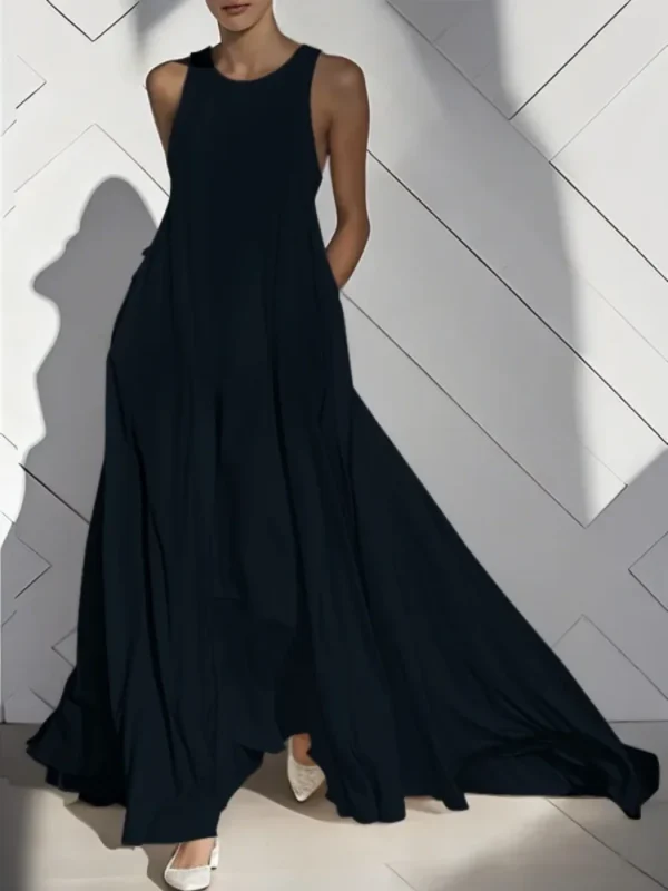 Urban Solid Color Sleeveless Maxi Dress With Pockets For Summer Party