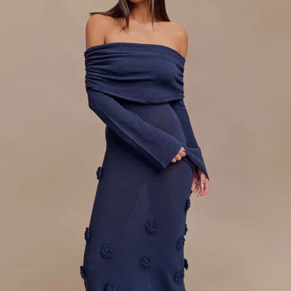 Off Shoulder Knitted Maxi Dress Elegant Floral Beach Party Gown - Image 2