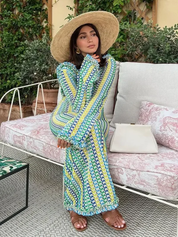 Elegant Contrast Color Knitted Maxi Dress For Summer Casual Wear - Image 6