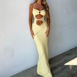 Women's Halter Knit Dress Sleeveless Cutout Slim Beach Outfit