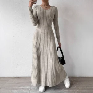 Knit Maxi Dresses Elegant A Line Long Sleeve Street Dress Women