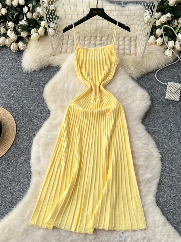 Summer Knit Spaghetti Strap Dress Sleeveless Slim Casual A-Line Outfit - Image 3