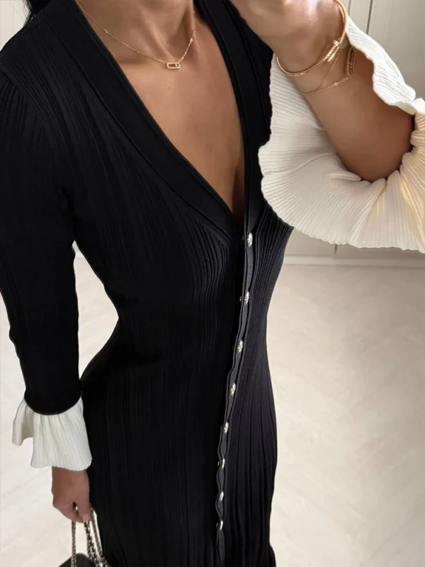 Elegant Knitted V-Neck Patchwork Long Puff Sleeve Dress For Women - Image 4