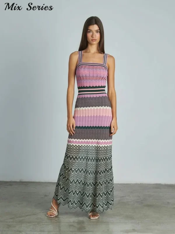 Elegant Slim Knitted Sleeveless Dress Summer Vacation Long Robe - Image 2