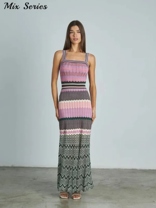 Elegant Slim Knitted Sleeveless Dress Summer Vacation Long Robe