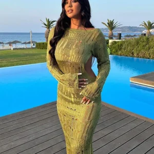 Knit Maxi Dresses Sexy Hollow Out Backless Long Sleeve Summer Dress