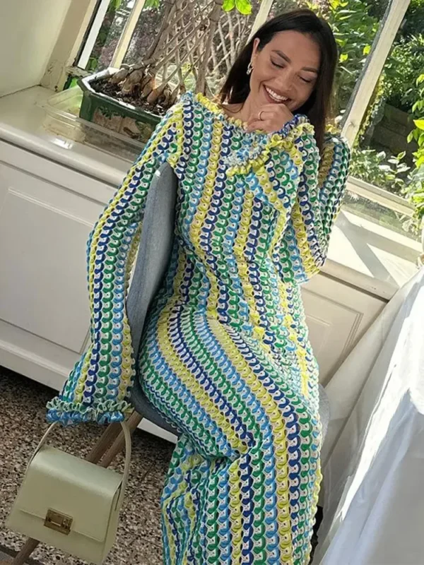 Elegant Contrast Color Knitted Maxi Dress For Summer Casual Wear - Image 8