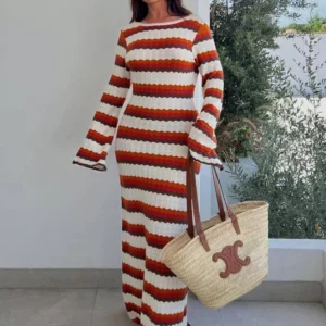 Knit Maxi Dresses Striped Hollow Out Long Sleeve Summer Cover Up Dress