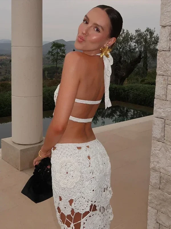 Hook Crochet Flower Knitted Halter Backless Maxi Beach Dress - Image 3