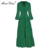 MoaaYina Autumn Green Maxi Dress With V-Collar Lantern Sleeves