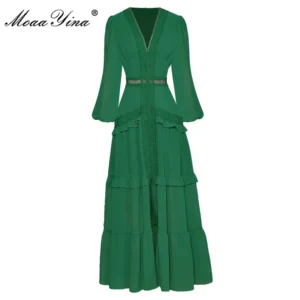 MoaaYina Autumn Green Maxi Dress With V-Collar Lantern Sleeves