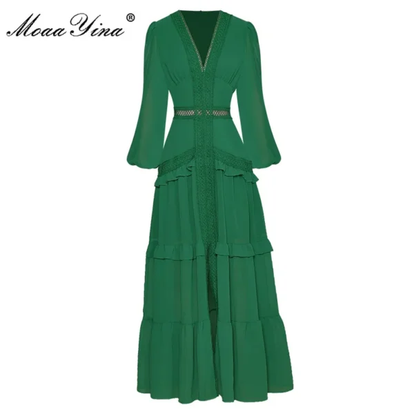 MoaaYina Autumn Green Maxi Dress With V-Collar Lantern Sleeves