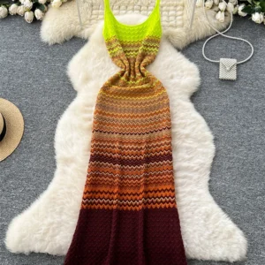 Knit Maxi Dresses Gradient Sleeveless Spaghetti Strap Beach Dress Women