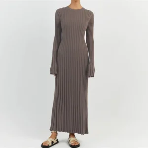 Vintage Ribbed Knit Tie Waist Maxi Dress For Elegant Women