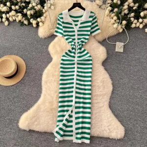 Summer Knitted Maxi Dress Wrap Hips Striped Streetwear Robe