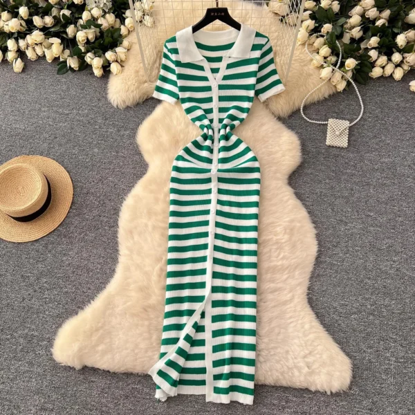 Summer Knitted Maxi Dress Wrap Hips Striped Streetwear Robe