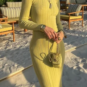 Elegant Knitted Long Sleeve Bodycon Maxi Dress Autumn Party Wear