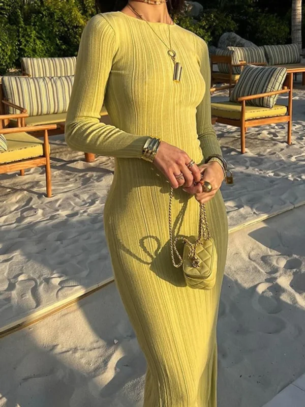 Elegant Knitted Long Sleeve Bodycon Maxi Dress Autumn Party Wear