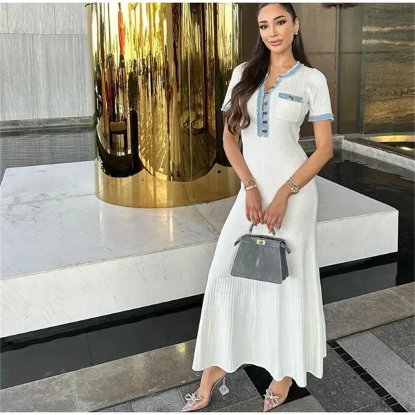 Elegant Contrasting Knit Maxi Dress Office Lady Bodycon Commuting Outfit