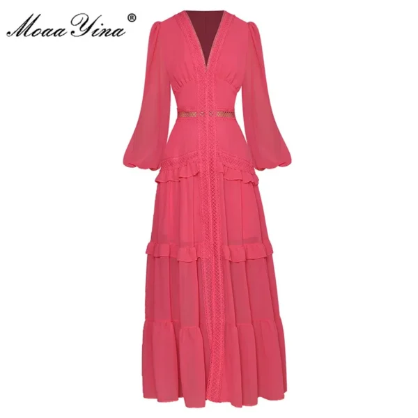 MoaaYina Autumn Green Maxi Dress With V-Collar Lantern Sleeves - Image 10