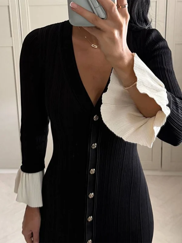 Elegant Knitted V-Neck Patchwork Long Puff Sleeve Dress For Women - Image 7