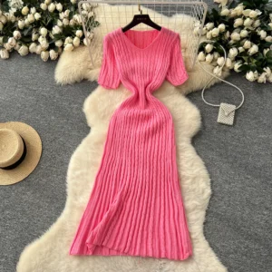 Knit Maxi Dresses Vintage Elegant Ruched Summer Dress Women