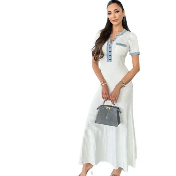 Women's Patchwork Denim Knitted Maxi Dress Casual French Style - Image 4