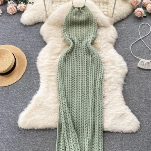 Singreiny Sexy Backless Knitted Halter Dress For Beach Vacation Wear