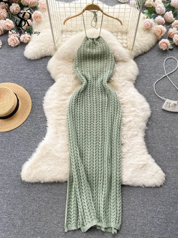 Singreiny Sexy Backless Knitted Halter Dress For Beach Vacation Wear