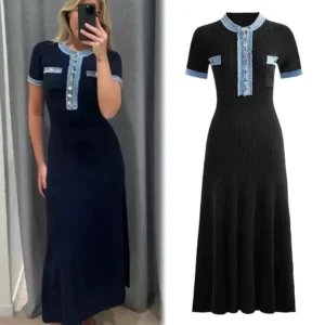 Knitted Maxi Dress Women Elegant Denim Patchwork Sweater Dress