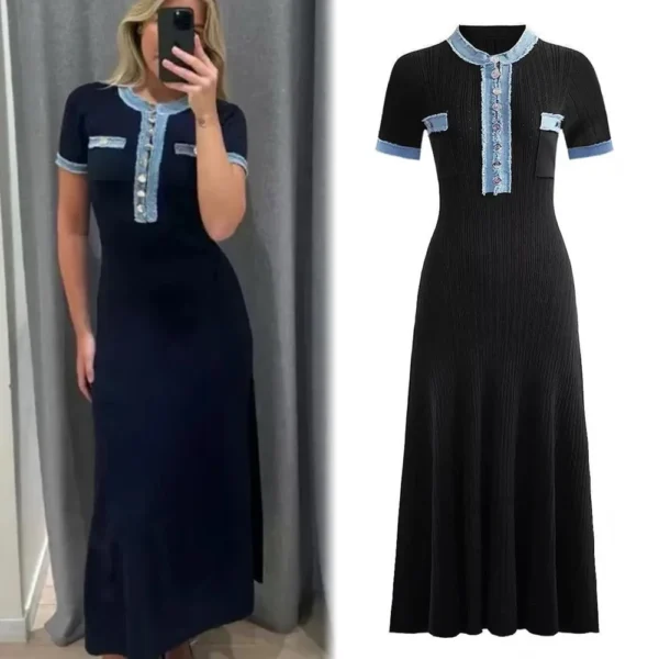 Knitted Maxi Dress Women Elegant Denim Patchwork Sweater Dress