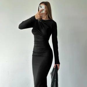 Knit Maxi Dresses Slim Fit Solid Long Sleeve Long Dress Women