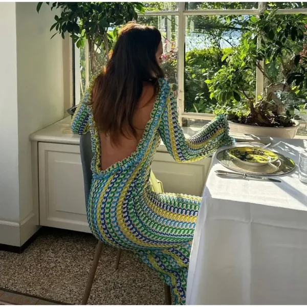 Elegant Contrast Color Knitted Maxi Dress For Summer Casual Wear - Image 2