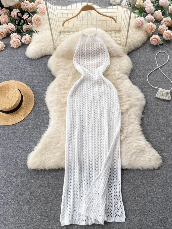 Singreiny Sexy Backless Knitted Halter Dress For Beach Vacation Wear - Image 5